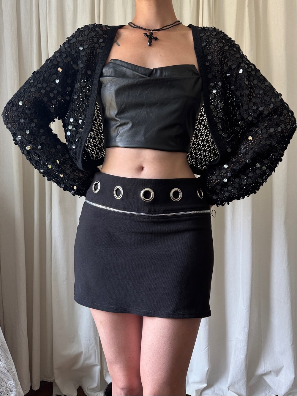 New York & Company Black Crochet Sequin Bolero Women's Size L/XL | Y2K